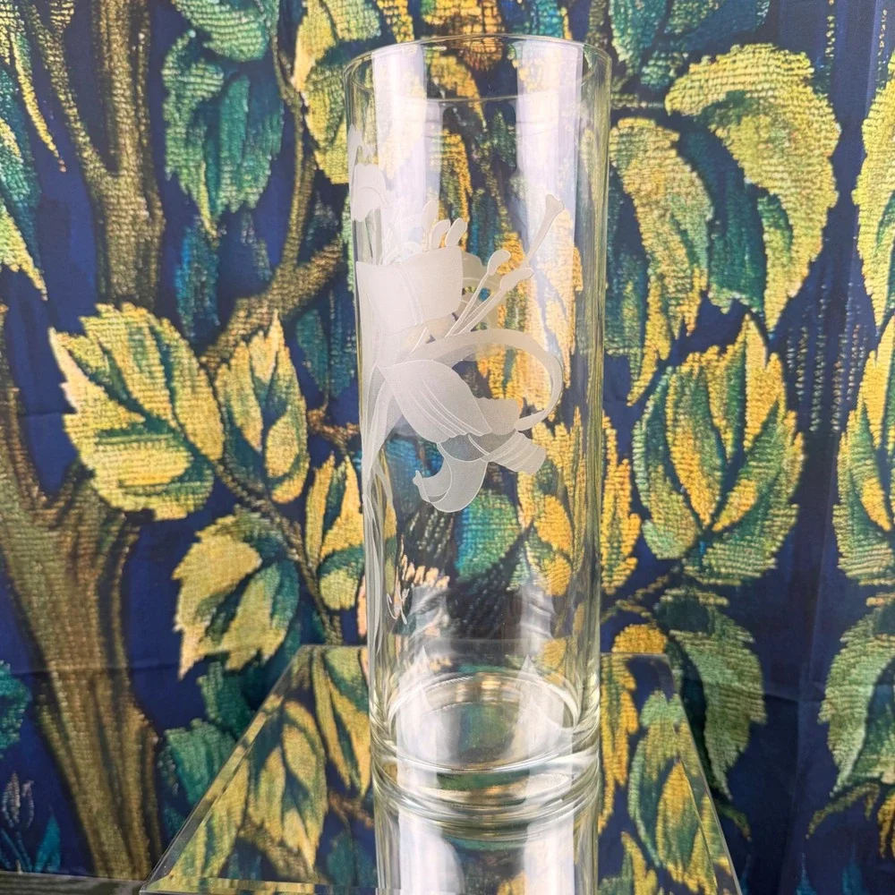 Perry Coyle Signed Hand Etched Frosted Lily‎ Glass Cylinder Vase 11.75 Inch Tall